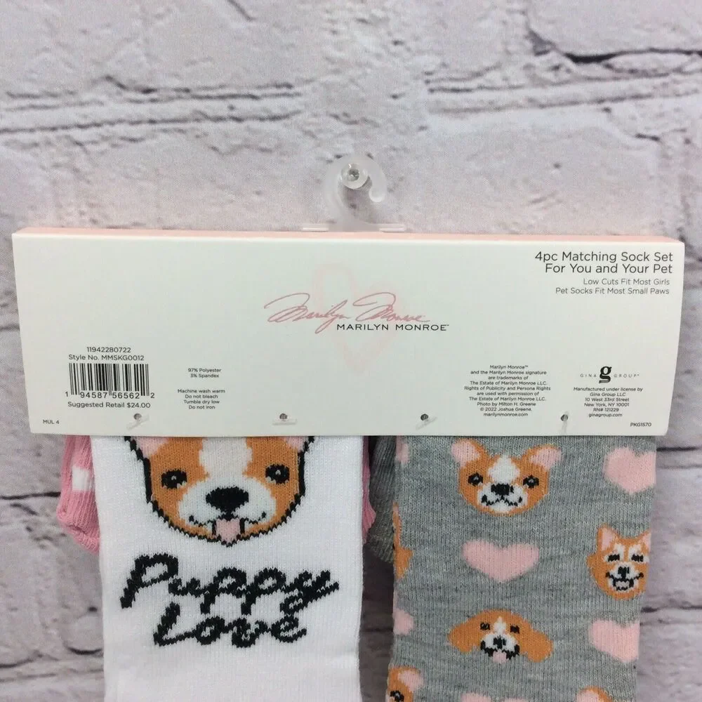 Marilyn Monroe Girls & Matching Pet Socks OSFM 4 Pair Set Low Cut Puppy Love NWT